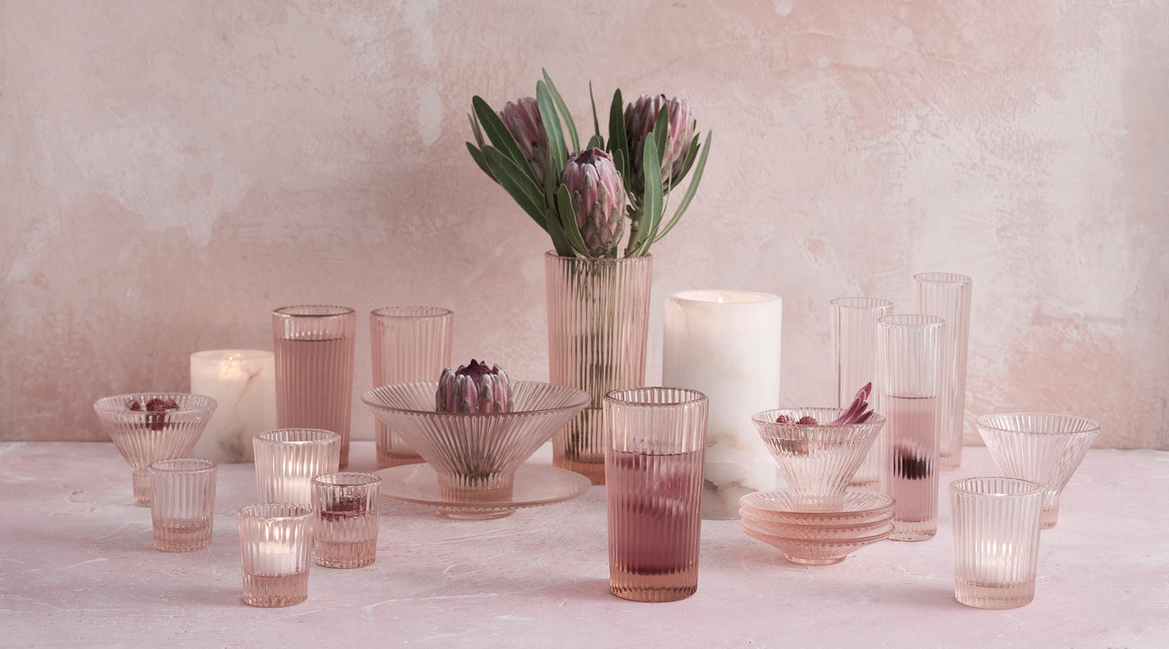 Spring Collection - Hand-Blown Ribbed Pink Glassware