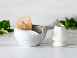 White Spouted Matcha Bowl with Textured Handle Set