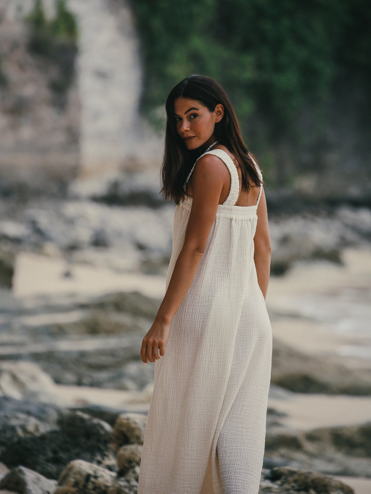 Vestido largo Noa - Natural con rayas doradas