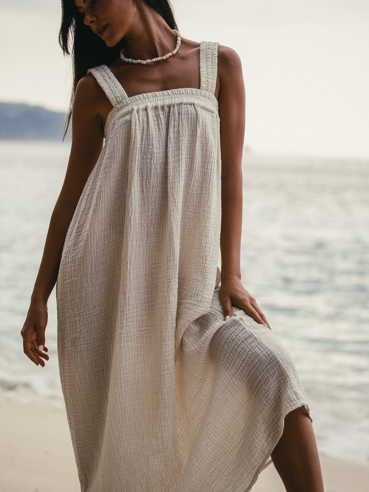 Noa Maxi Dress - Natural With Gold Stripes