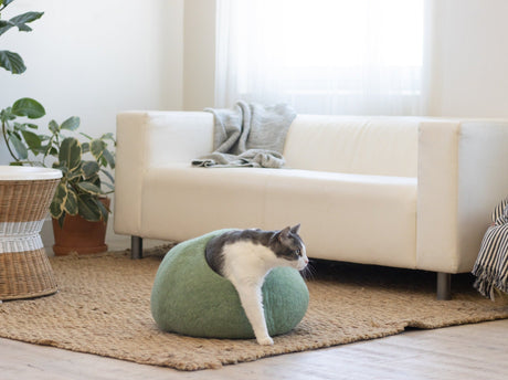 Premium Felted Wool Cat Cave Bed - Eucalyptus Green - Sumiye Co