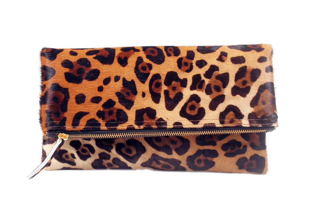 Leopard Print Leather Fold over Clutch  | Ethically Sourced Hides