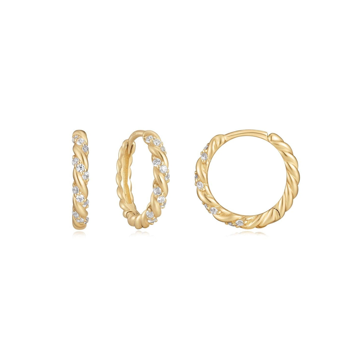 14k Gold & Diamond Twisted Huggie Hoops - Sumiye Co