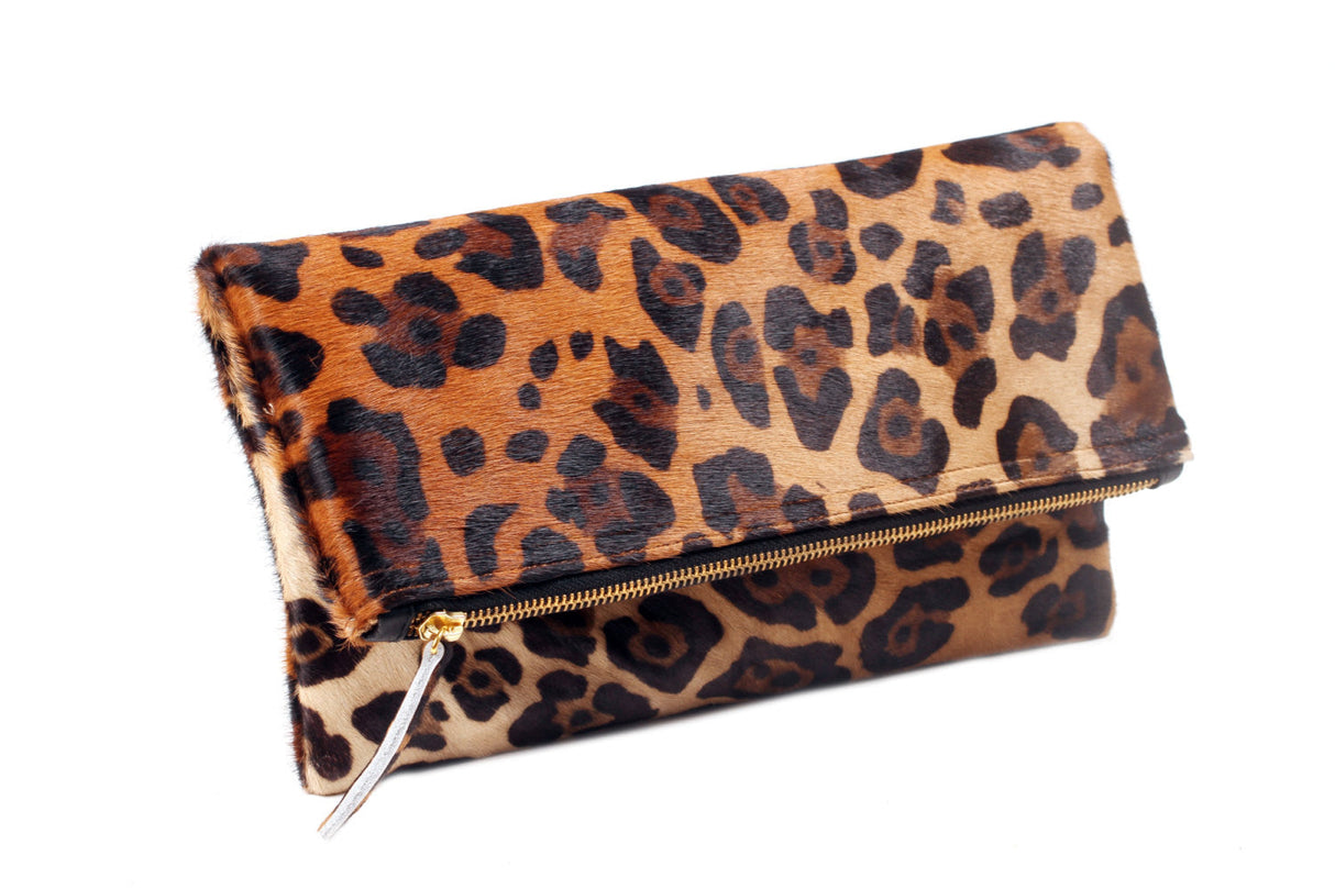 Leopard Print Leather Fold over Clutch  | Ethically Sourced Hides