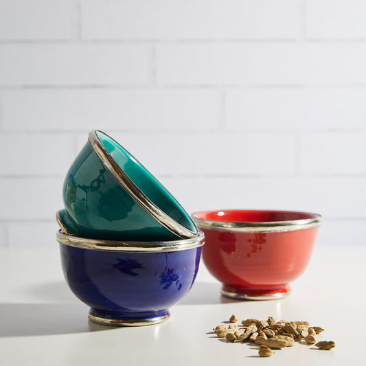 Moroccan Glazed Bowls Berber Silver Trim- Set of 3 (5" x 5" x 3")