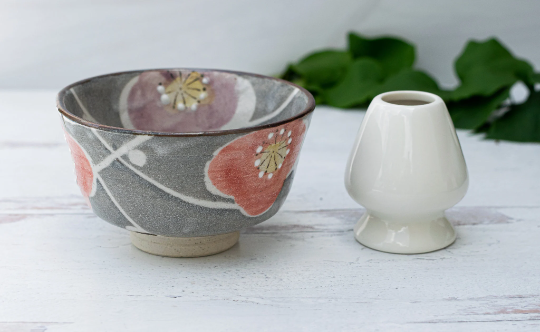 Grey with Flowers Matcha Bowl | Tea Ceremony