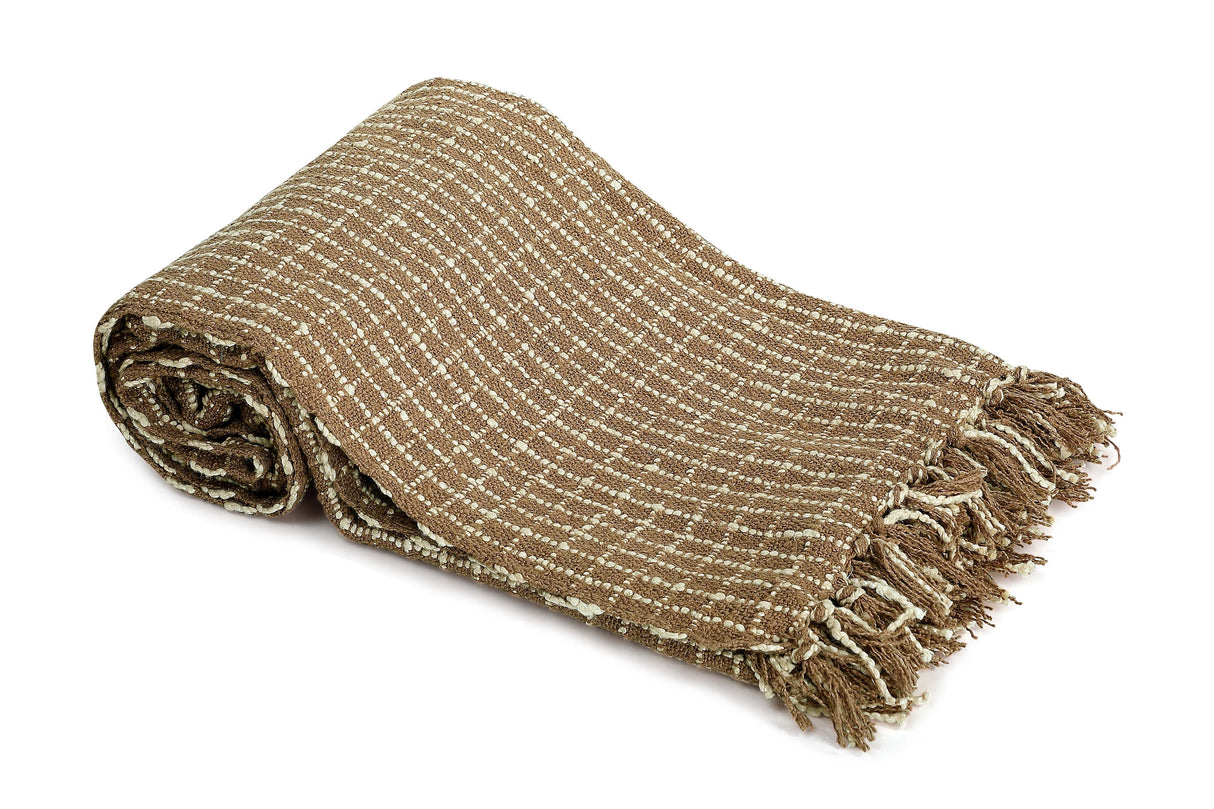 Throw Blanket  - Cotton Boucle Small Checkered | Latte Ivory 52in x 68in - Sumiye Co