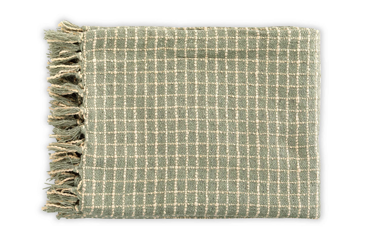 Throw Blanket - Cotton Boucle Small Checkered | Sage Ivory 52in x 68in - Sumiye Co