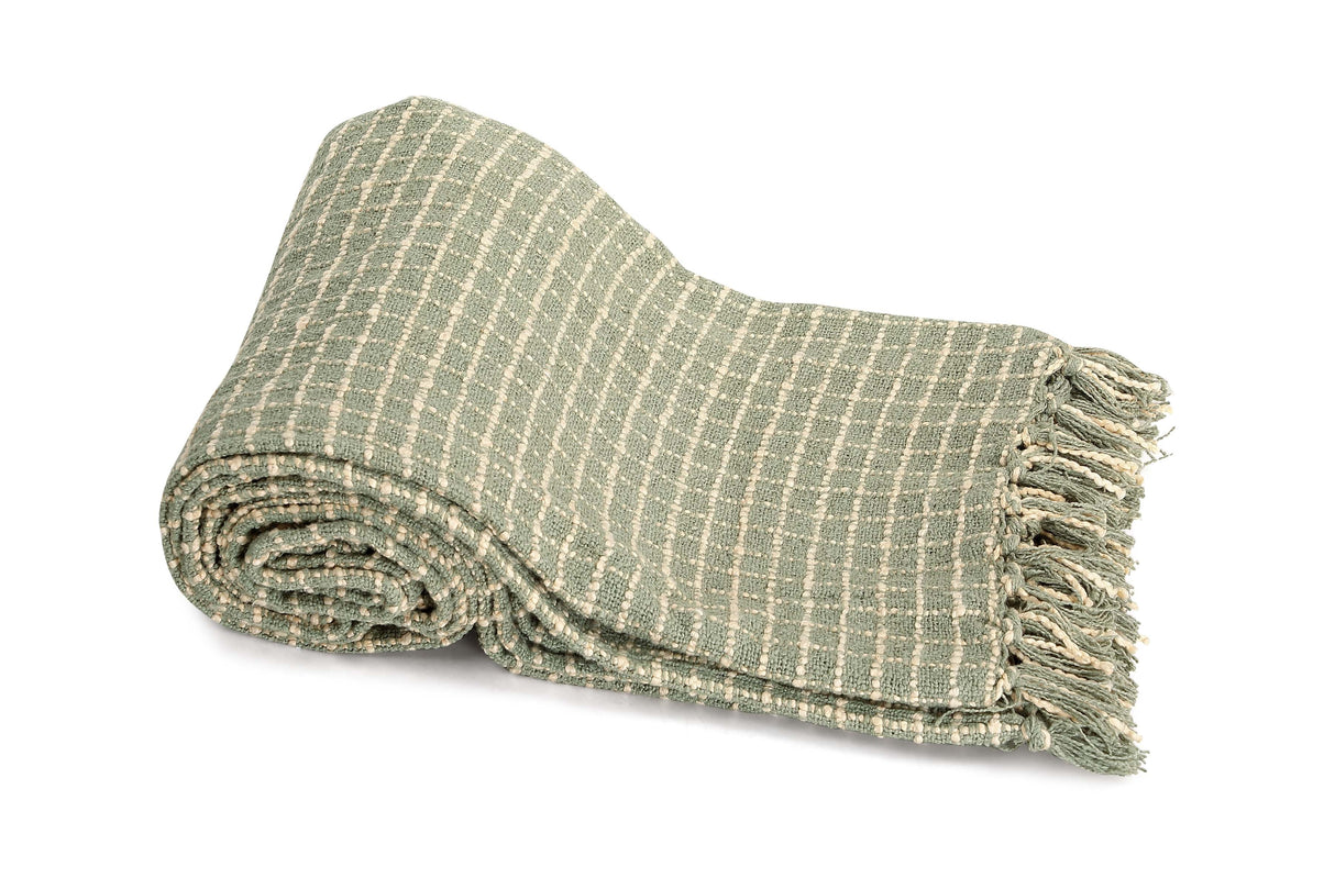 Throw Blanket - Cotton Boucle Small Checkered | Sage Ivory 52in x 68in - Sumiye Co