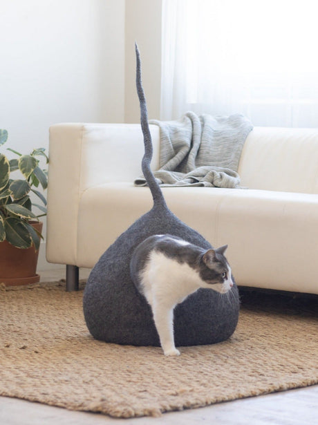 Deluxe Handcrafted Felt Cat Cave With Tail - Stone Gray - Sumiye Co