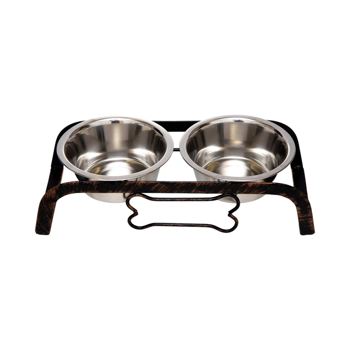 Rustic Elevated Dog Bone Feeder with 2 Stainless Steel Bowls-3