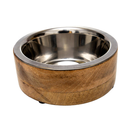 Stainless Steel Dog Bowl with Cylindrical Mango Wood Holder-0