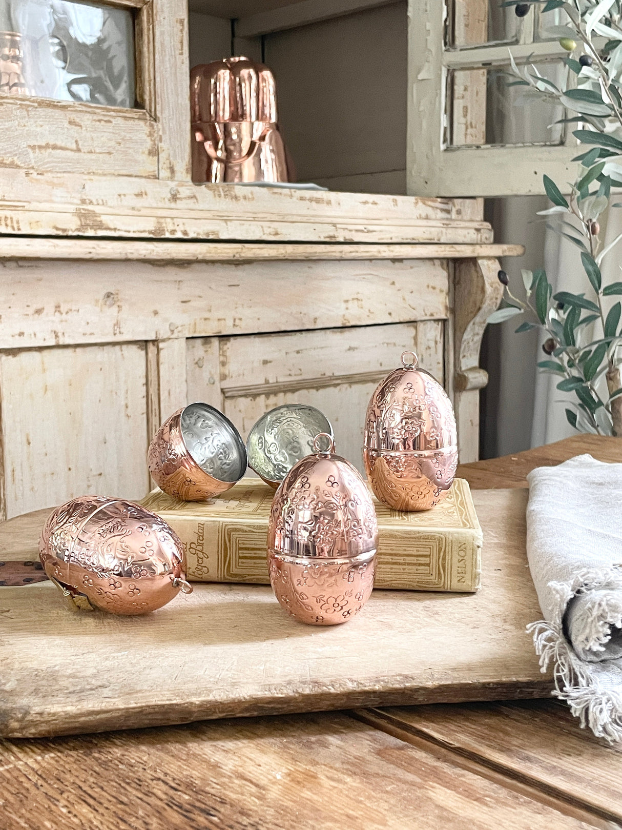 Copper Etched Bird & Floral Egg Ornaments (Set of 4) | Vintage French Inspired