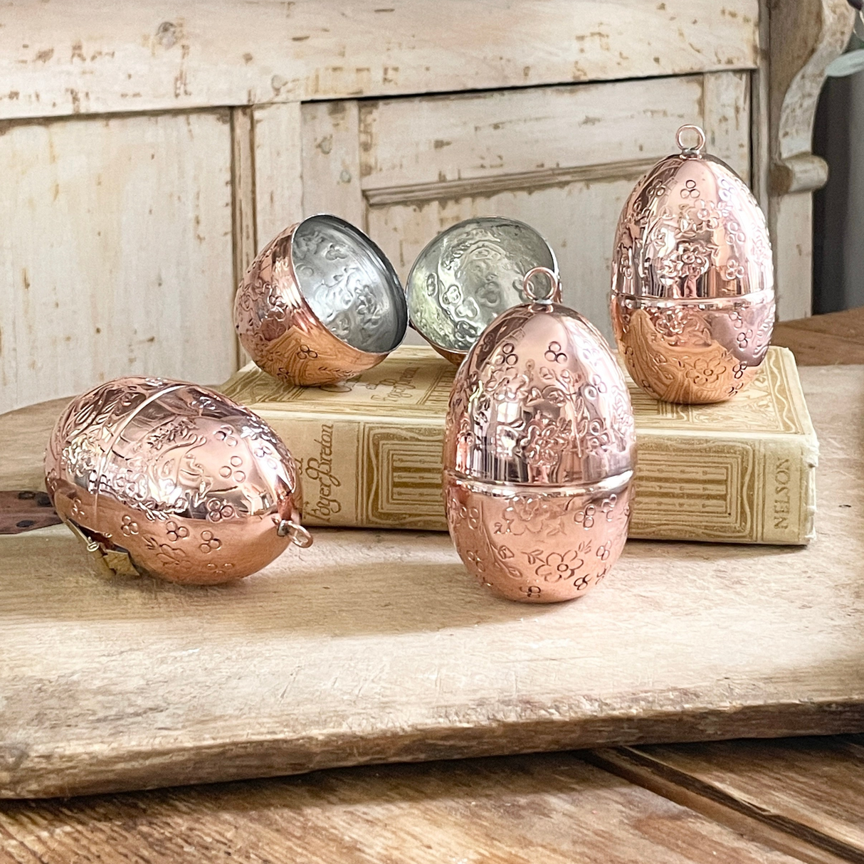 Copper Etched Bird & Floral Egg Ornaments (Set of 4) | Vintage French Inspired