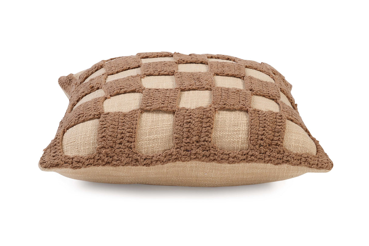 Tarika Checkered Crochet Accent Pillow, Beige- 18x18 Inch - Sumiye Co