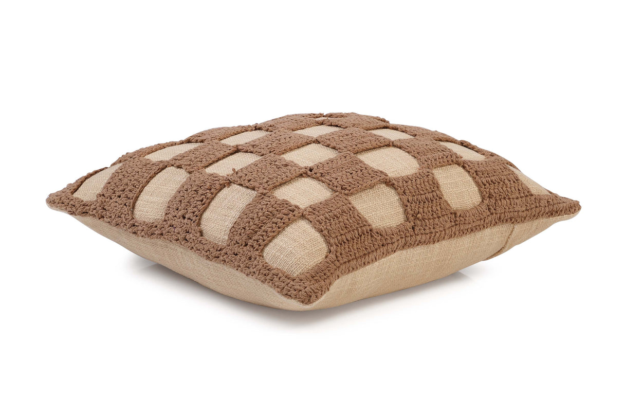 Tarika Checkered Crochet Accent Pillow, Beige- 18x18 Inch - Sumiye Co