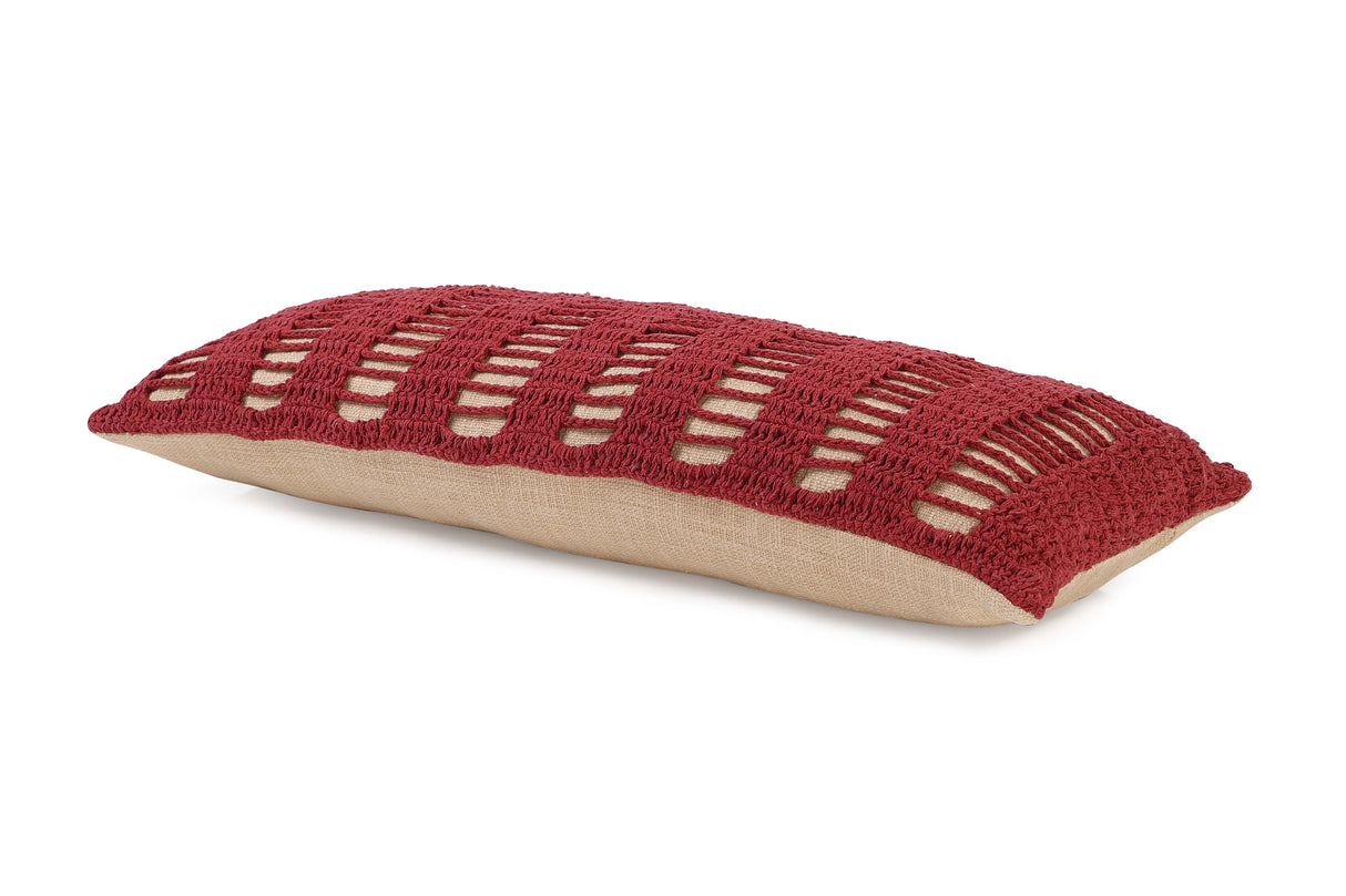 Tarika Lines Lumbar Crochet Pillow, Wine Red- 12 x 30 Inch - Sumiye Co