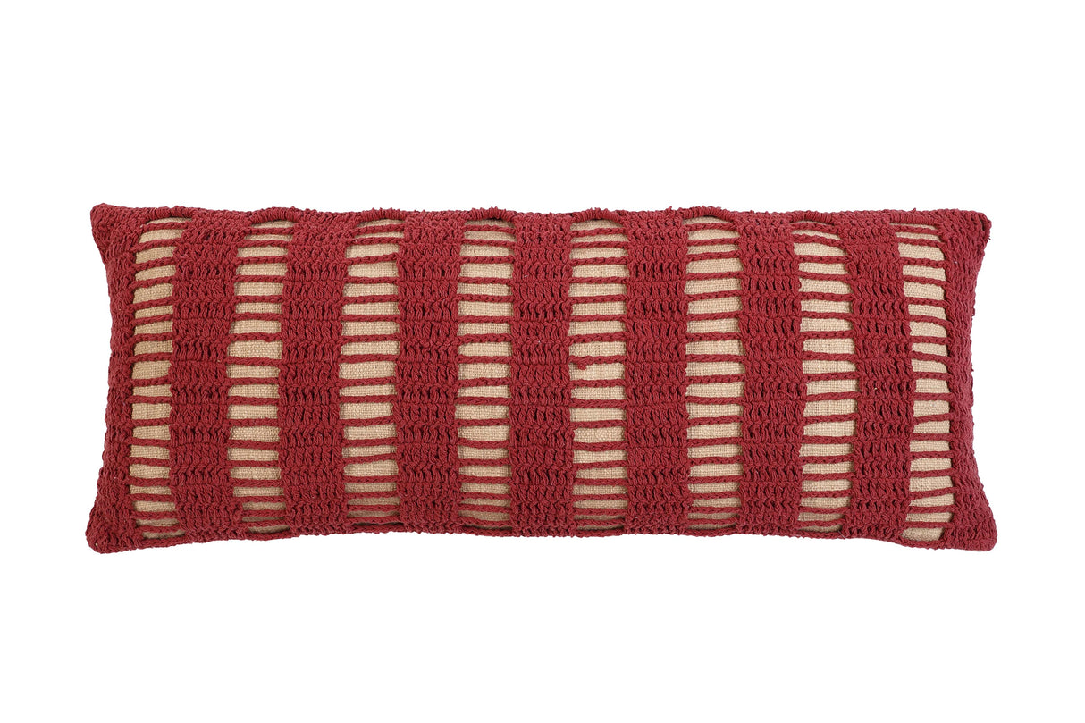 Tarika Lines Lumbar Crochet Pillow, Wine Red- 12 x 30 Inch - Sumiye Co