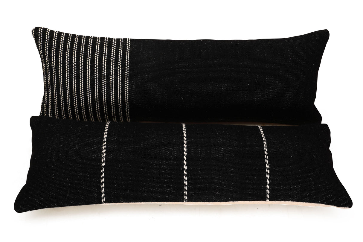 GoodWeave Certified Stripe Lumbar Wool Pillow - Black, 12x34 Inch by The Artisen - Sumiye Co