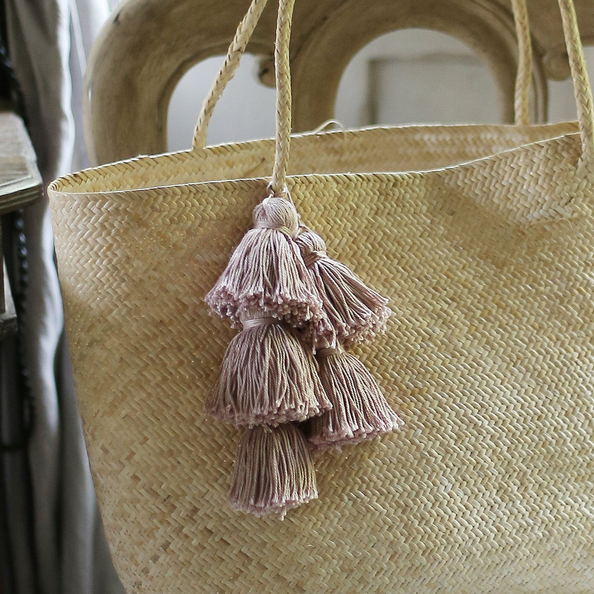 Straw Tote Bag - with Pale Blush Tassels - Sumiye Co
