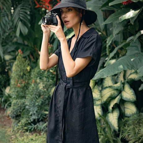 ARYA Safari Linen Midi Dress, in Black - Sumiye Co