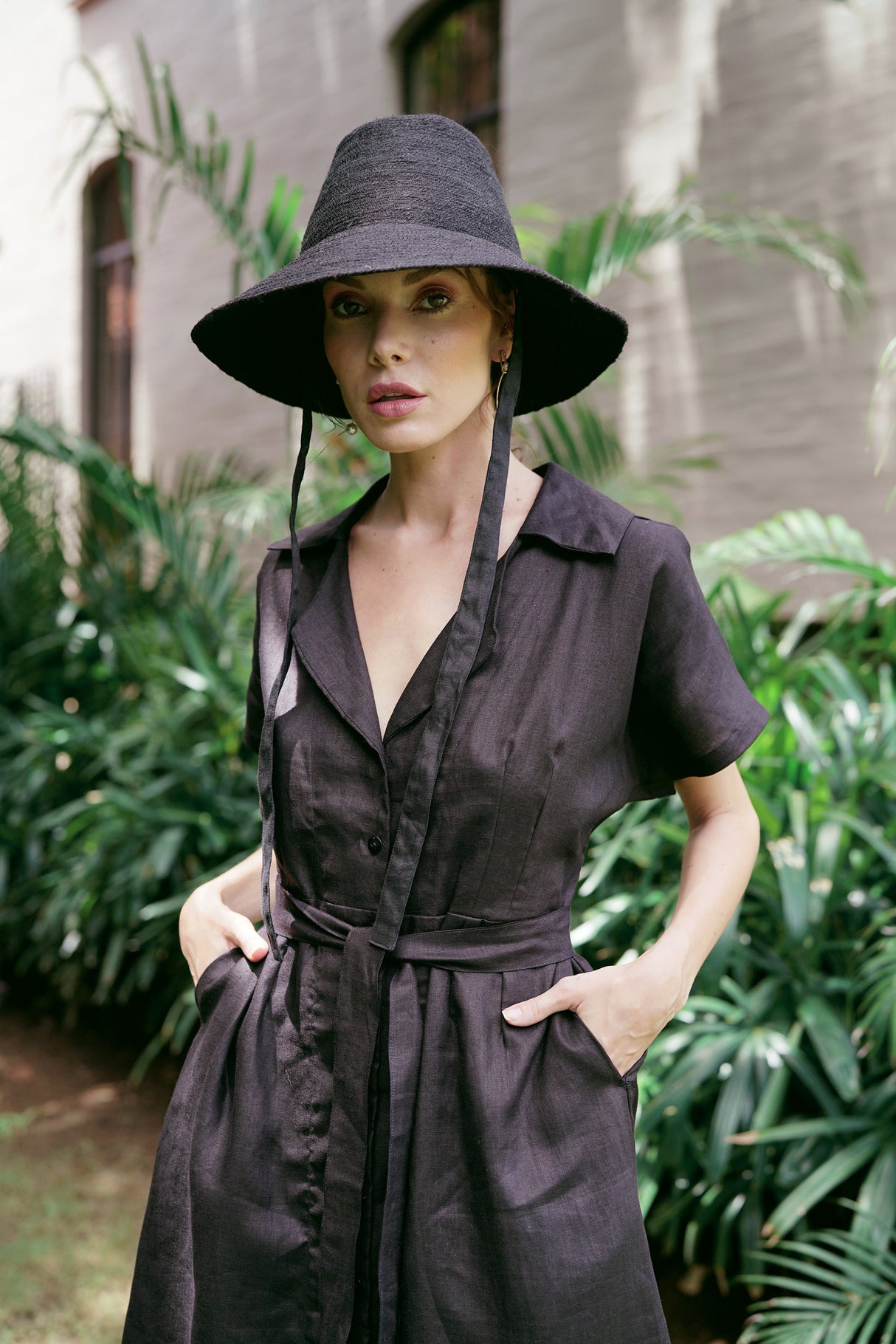 ARYA Safari Linen Midi Dress, in Black - Sumiye Co