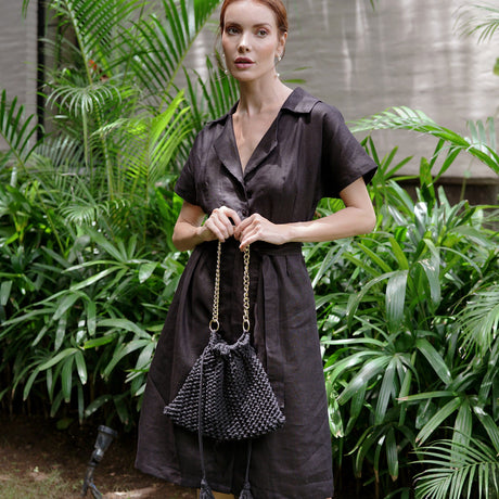 ARYA Safari Linen Midi Dress, in Black - Sumiye Co