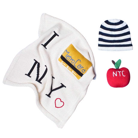 Organic Baby Gift Set - New York Metro-card Blanket, Hat & Apple Rattle by Estella - Sumiye Co