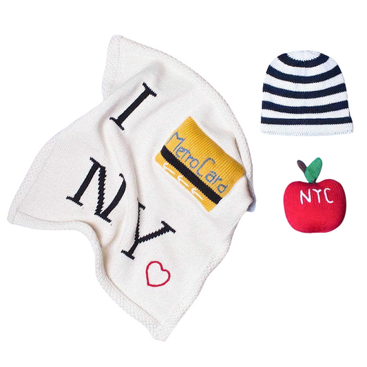 Organic Baby Gift Set - New York Metro-card Blanket, Hat & Apple Rattle by Estella