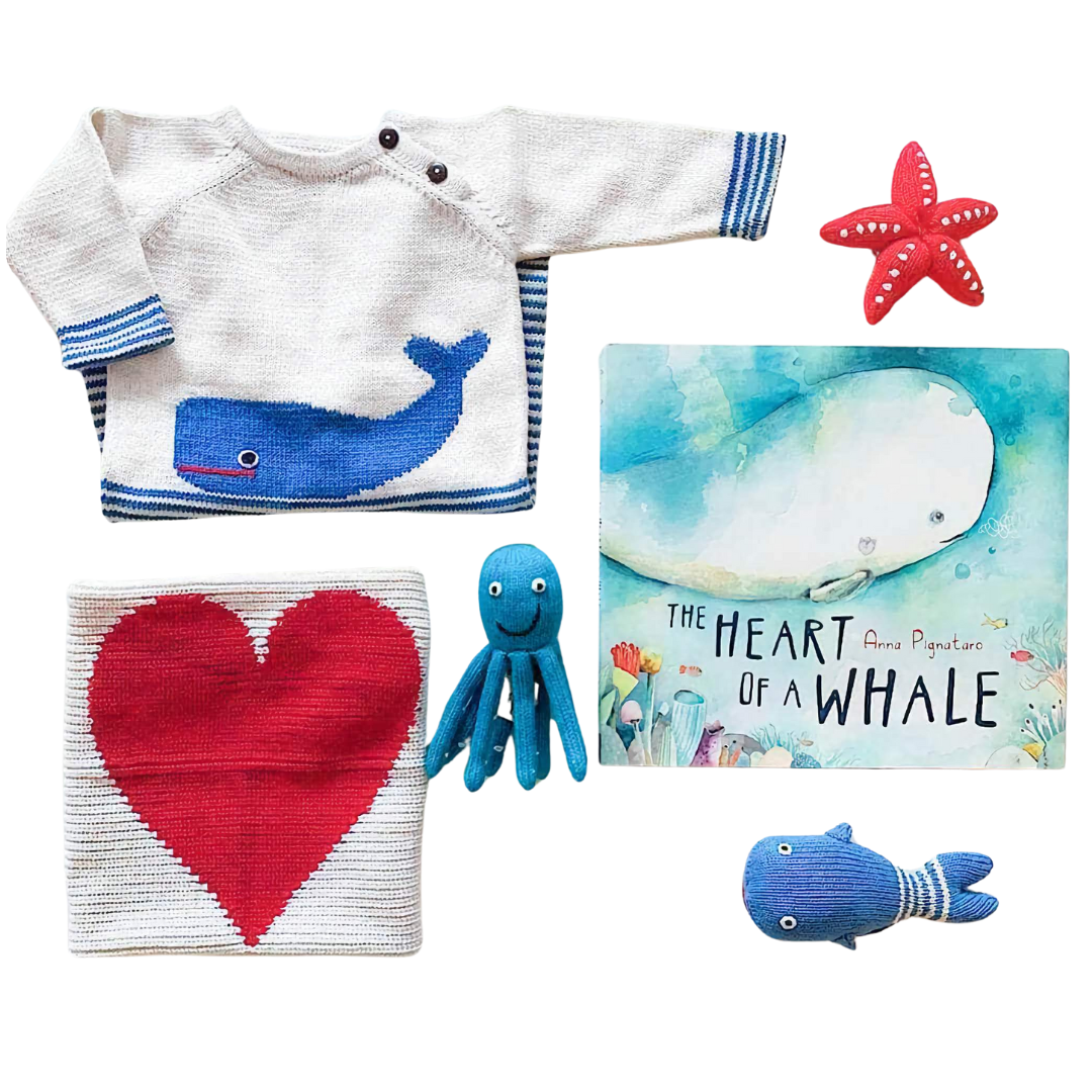 Baby Gift Set - Handmade Whale Long Romper, Heart Lovey, Sea Rattles & Whale Book - Sumiye Co