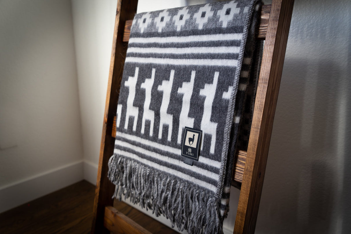 Alpaca Wool Throw Blanket - Alpaca Design (Grey) 72" x 56"