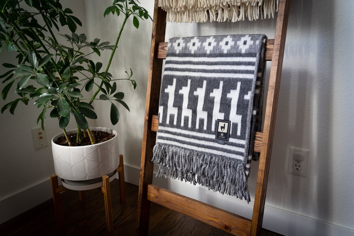 Alpaca Wool Throw Blanket - Alpaca Design (Grey) 72" x 56"