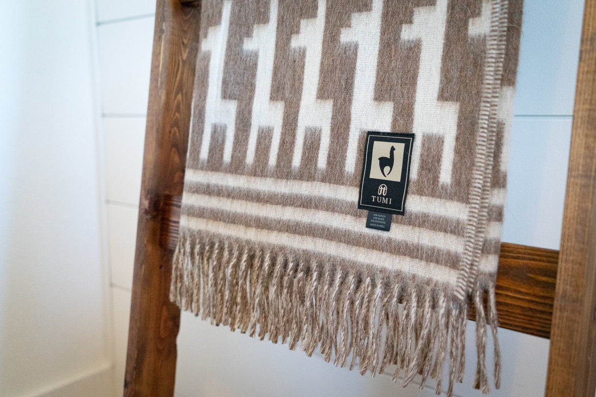 Alpaca Wool Throw Blanket - Alpaca Design (Beige)  72" x 56"