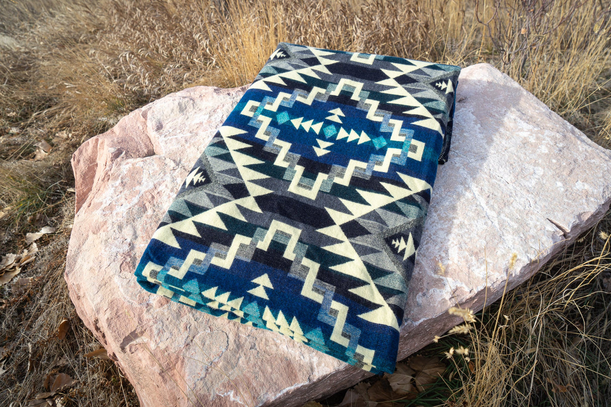 Alpaca Wool Reversible Blanket - Blue Chakana 90" x 78” - Sumiye Co