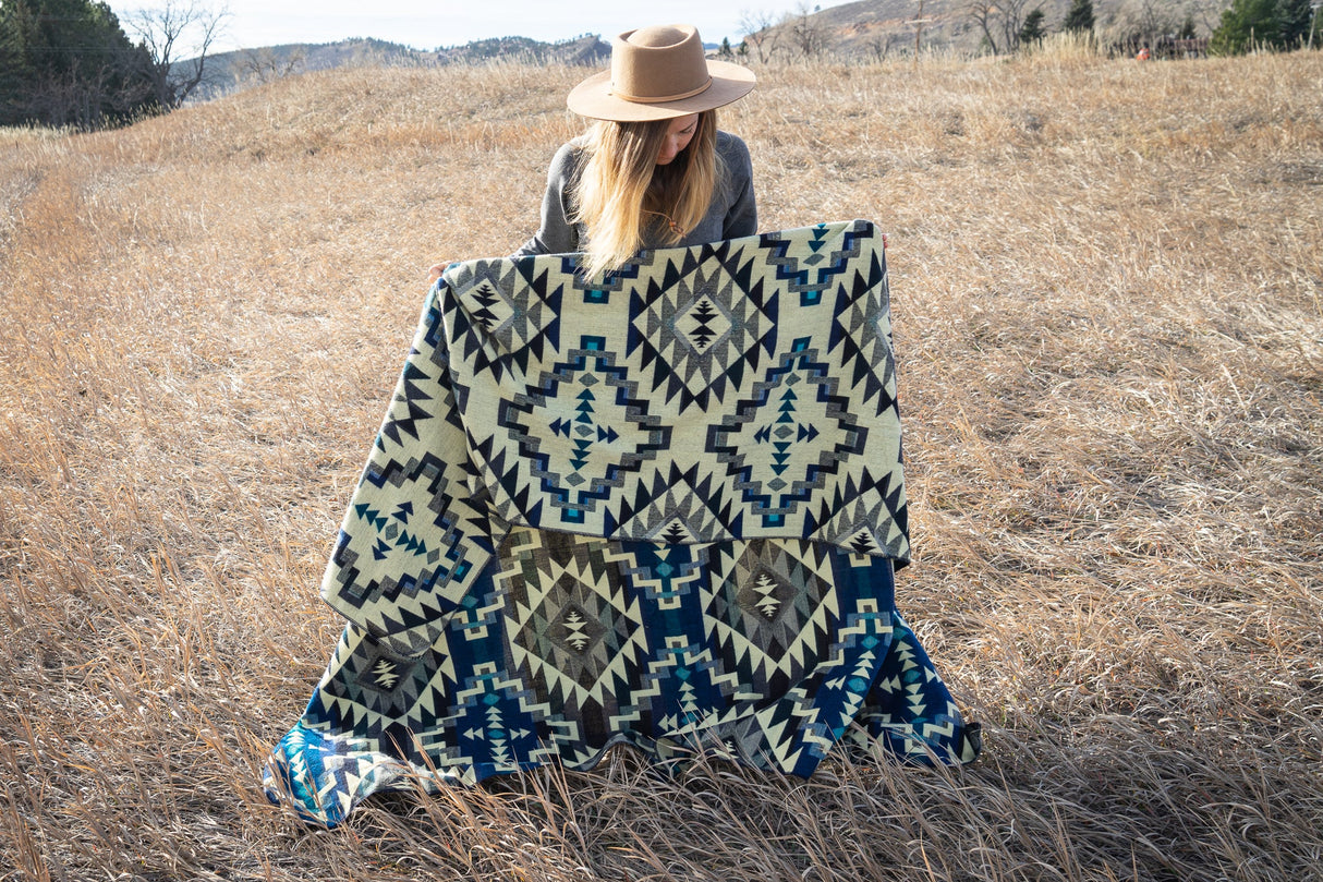 Alpaca Wool Reversible Blanket - Blue Chakana 90" x 78” - Sumiye Co