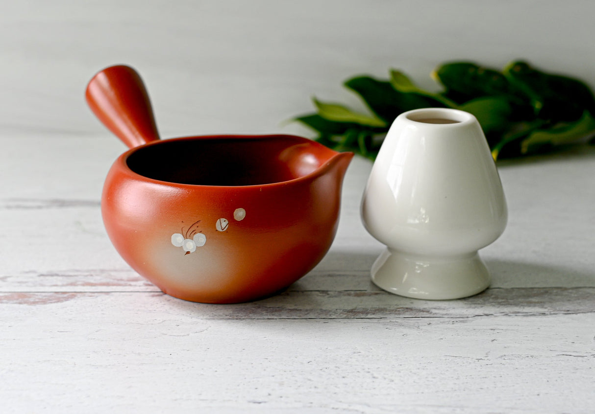 Red Flowers Matcha Bowl with Spout