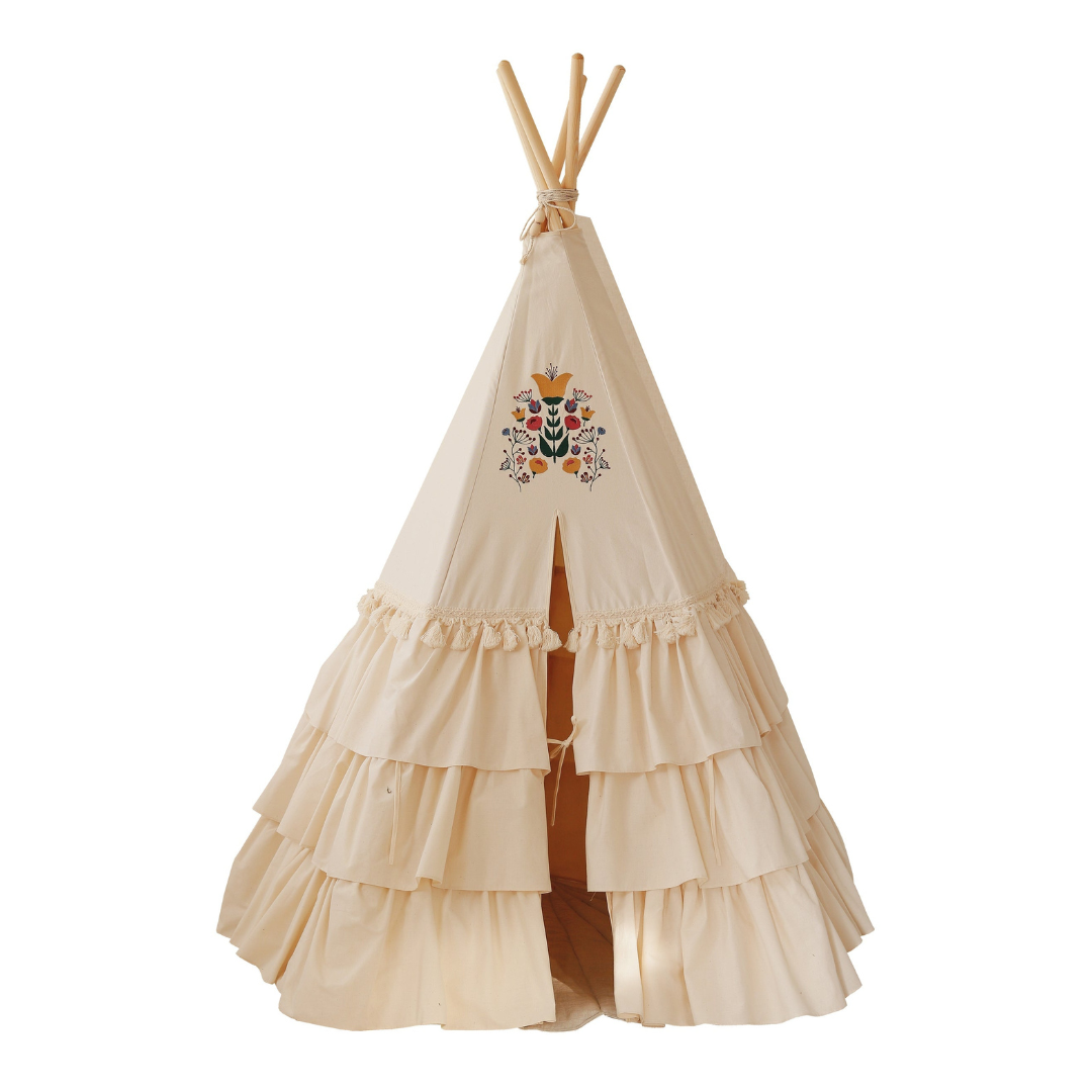 Teepee Tent "Folk" with Frills and "Marsala" Shell Mat Set - Sumiye Co