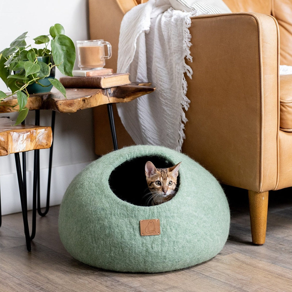 Premium Felted Wool Cat Cave Bed - Eucalyptus Green - Sumiye Co