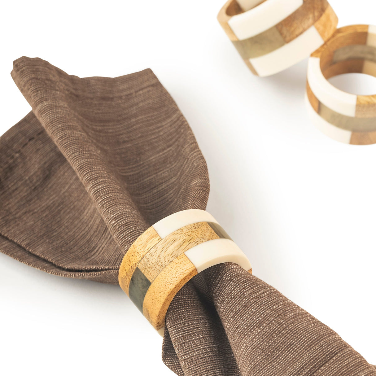 Travis Wooden Napkin Rings, Set of 6 ( Brown & Ivory ) - Sumiye Co