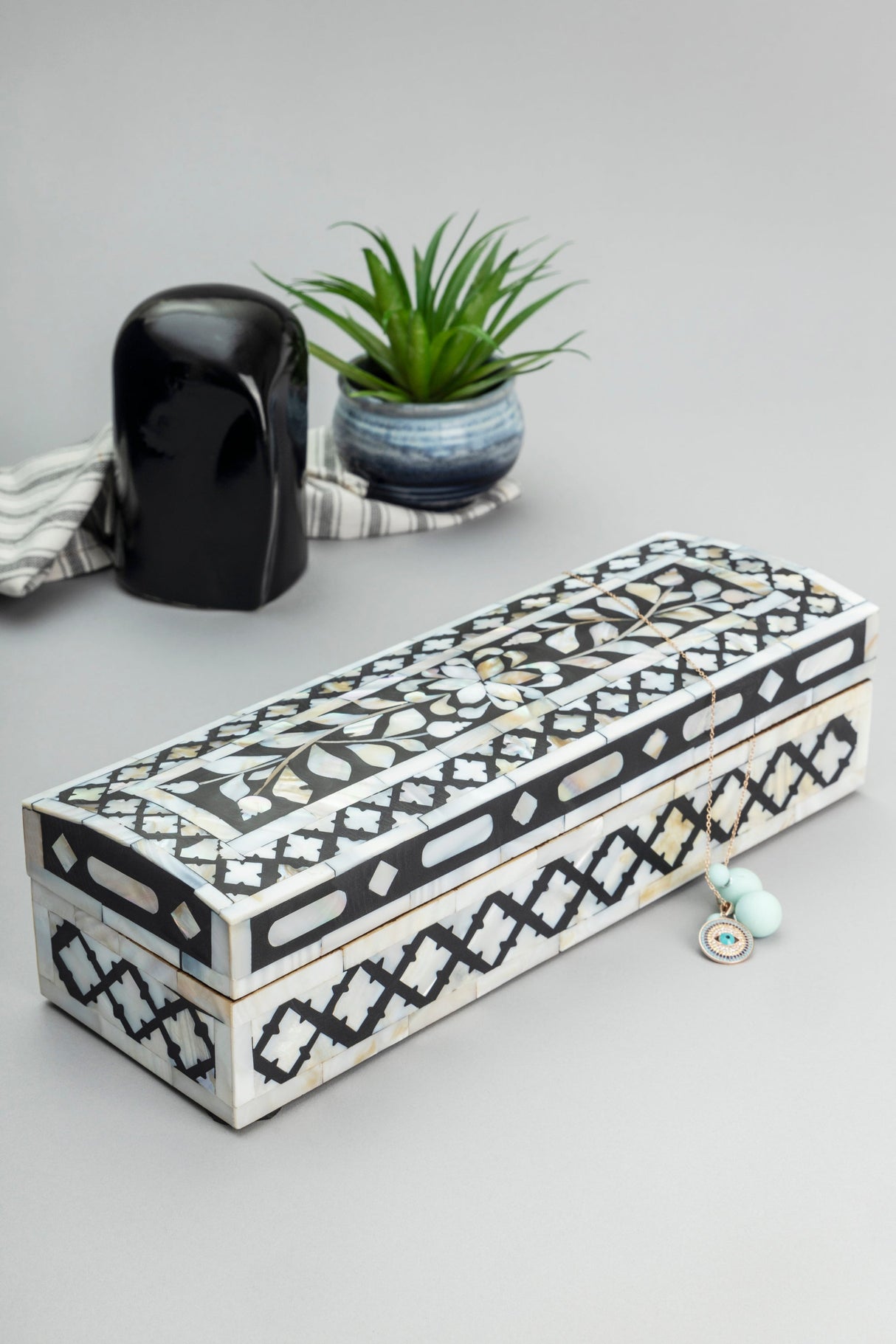 Mother of Pearl Decorative Box - Black 12" x 4" x 3" - Sumiye Co