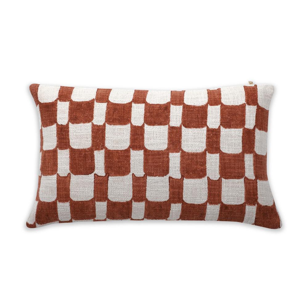 Checkered Block Printed Pillow - Rust - Sumiye Co