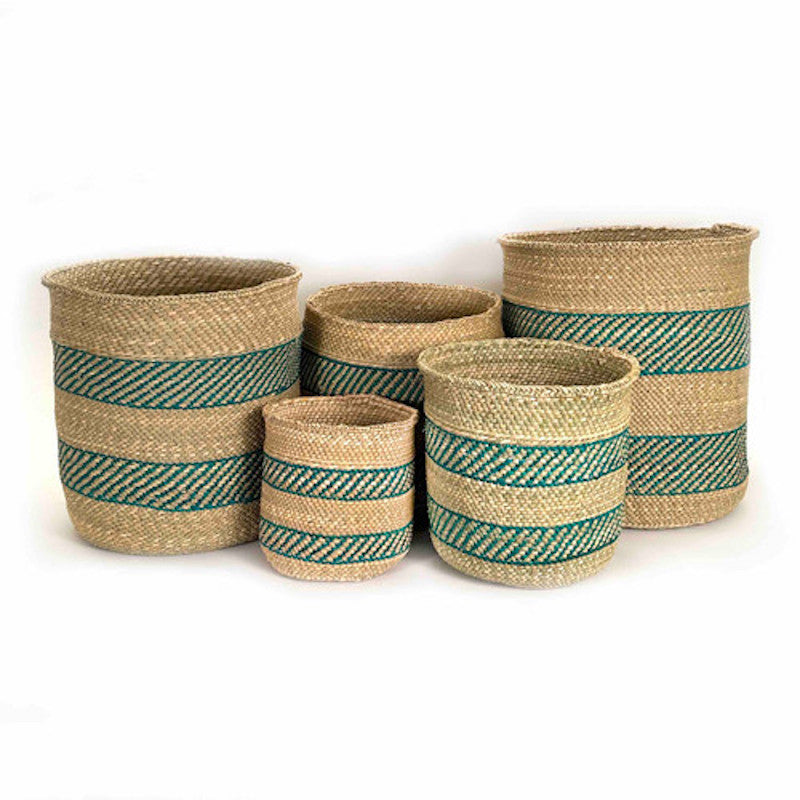 Iringa Basket - Turquoise Stripe  | Woven Milulu Grass - Africa - Sumiye Co