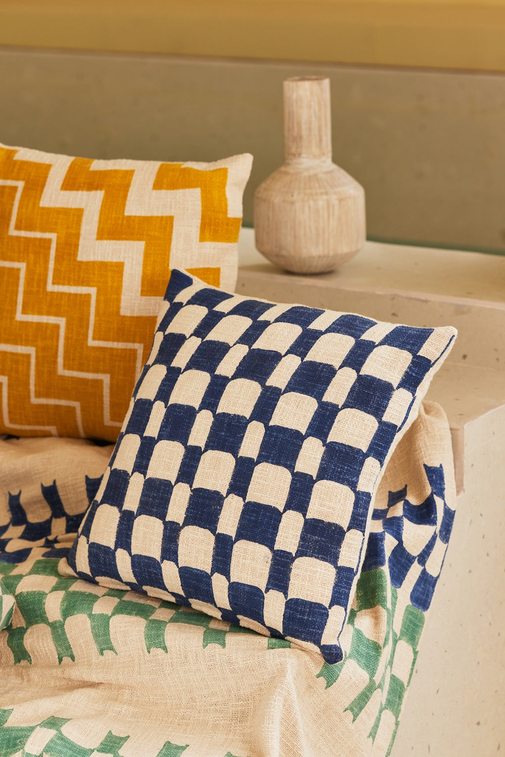Aaakar Checkered Block Printed Pillow, Indigo - 18x18 inch by The Artisen - Sumiye Co