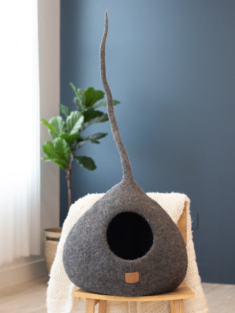 Deluxe Handcrafted Felt Cat Cave With Tail - Stone Gray - Sumiye Co