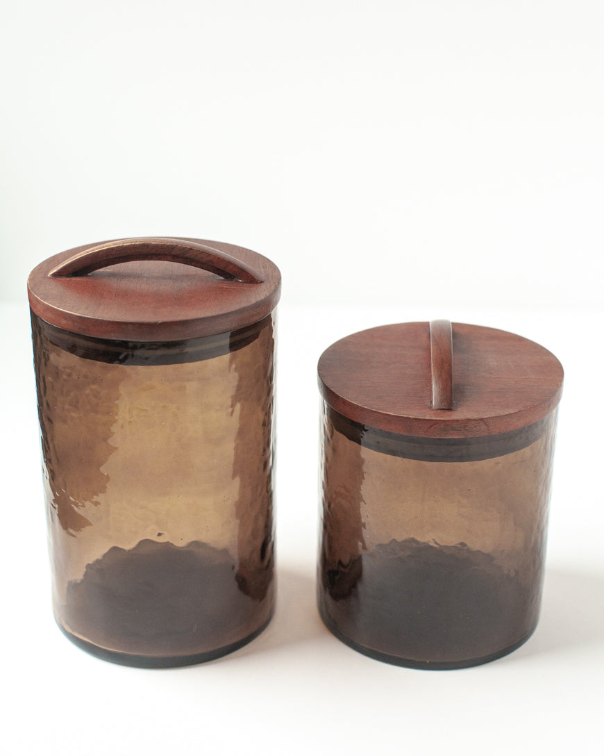 Hammered Glass - Smoke | Large Canister + Wooden Lid