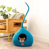 Deluxe Handcrafted Felt Cat Cave With Tail - Ocean Blue - Sumiye Co