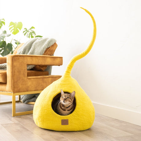 Deluxe Handcrafted Felt Cat Cave With Tail - Sunny Yellow - Sumiye Co