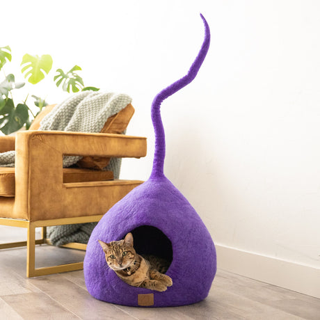 Deluxe Handcrafted Felt Cat Cave With Tail - Plum Purple - Sumiye Co