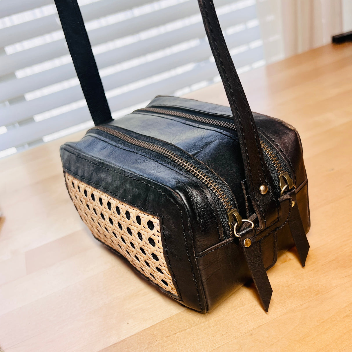 Handwoven Cane Crossbody Bag | Black - Sumiye Co