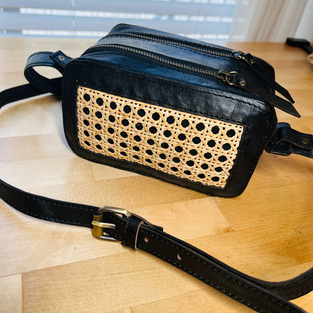 Handwoven Cane Crossbody Bag | Black - Sumiye Co